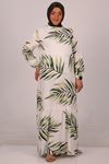 42017 Büyük Beden Eteği Fırfırlı Belmando Elbise -Beyaz Haki Yapraklı