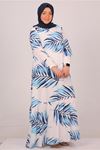 42017 Büyük Beden Eteği Fırfırlı Belmando Elbise -Beyaz Mavi Yapraklı 