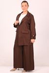 47022 Large Size Plain Blazer Jacket Suit with Trousers-Brown