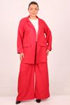 47022 Büyük Beden Düz Blazer Ceket Pantolonlu Takım-Kırmızı