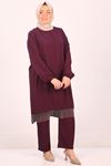 47031 Large Size Tassel Detailed Woven Ruffle Trousers Suit - Plum