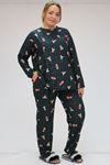 F-47814 Büyük Beden Micro Süet Uzunkol Pijama Takımı - Ayıcıklı Zümrüt