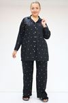 F-47811 Büyük Beden Önden Düğmeli Micro Süet Pijama Takım - Yıldızlı Siyah