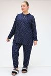 F-47812 Büyük Beden Yarım Pat Düğmeli Micro Süet Pijama Takımı - Lacivert