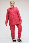 F-47812 Büyük Beden Yarım Pat Düğmeli Micro Süet Pijama Takımı - Kırmızı
