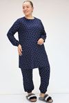 F-47810 Büyük Beden Kolu Lastikli Micro Süet Pijama Takımı - Lacivert
