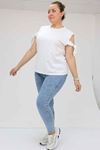 9184-9 Plus Size Elastic Waist Tight Leg Long Jeans - Snow Wash Blue