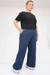 39000 Plus Size High Waist Elastic Wide Leg Combed Cotton Trousers - Navy Blue