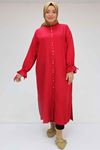 58049 Büyük Beden Fırfır Yakalı Keten Tunik - Bordo