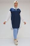 F-58032 Büyük Beden Önü Penye Detaylı Müslin Tunik - Lacivert