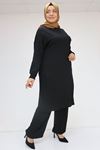 F-57028 Büyük Beden Süs Cep Detaylı Bürümcük Pantolonlu  Takım - Siyah