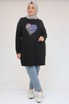 58141 Büyük Beden Önünde Kalp Baskılı Modal Tunik - Siyah