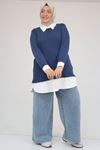 58159 Büyük Beden Gömlek Yaka Görünümlü Garnili Mir Tunik - İndigo