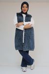 44002 Büyük Beden Çift Cepli Kot Yelek - Kar Yıkama Lacivert