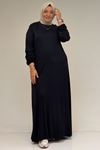 22008 Plus Size Combed Cotton Dress With Elastic Sleeve-Navy Blue