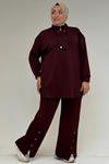 57034 Büyük Beden Çift Düğme Detaylı Modal Pantolonlu Takım - Bordo