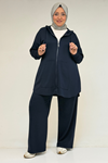 57022 Büyük Beden Kanguru Cepli Fermuarlı  Modal Pantolonlu  Takım -Lacivert