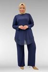67009 Büyük Beden Etek Ucu Şifon Detaylı Sandy Pantolonlu Takım - Lacivert