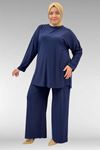 67001 Büyük Beden Kol Manşeti Duble Model Sandy Pantolonlu Takım - Lacivert