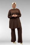 67021 Büyük Beden Taş Baskı Detaylı Parçalı Pantolonlu Takım - Kahve