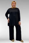 67007 Büyük Beden Kol Ve Etek Ucu Kendinden Ribanalı Pantolonlu Takım - Siyah