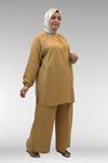 67039 Büyük Beden Yarım Patlı Sıfır Yaka Müslin Pantolonlu Takım - Bisküvi