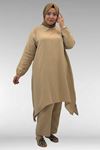 67044 Büyük Beden Asimetrik Kesim Pantolonlu Müslin Takım - Bej