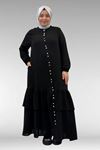 66002 Büyük Beden Eteği Fırfırlı Kolları Lastikli Müslin Ferace - Siyah
