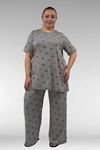 67801 Büyük Beden Kısakol Desenli  Pijama Takımı - Kırmızı Kurdele Desenli