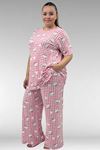 67801 Büyük Beden Kısakol Desenli  Pijama Takımı - Kedi Desenli