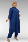 37013 Large Size Buttoned Suit with Wrinkled Trousers-Navy Blue