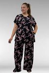 67802 Büyük Beden Yanı Yırtmaçlı Milan Pijama Takımı - Pembe Kurdele Desenli