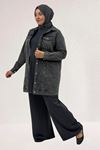 53021 Büyük Beden Önü Taş Baskı Detaylı Kot Ceket - Kar Yıkama Antrasit