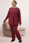 67810 Büyük Beden Uzunkol Desenli Süet Pantolonlu Pijama Takımı - Bordo Kare Desenli
