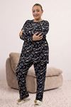 67810 Büyük Beden Uzunkol Desenli Süet Pantolonlu Pijama Takımı - Laci-Vizon Desenli