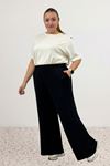 39000 Plus Size High Waist Elastic Wide Leg Combed Cotton Trousers - Black
