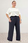 39000 Plus Size High Waist Elastic Wide Leg Combed Cotton Trousers - Navy Blue