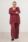 67811 Büyük Beden Boydan Düğmeli Desenli Süet Pijama Takımı - Bordo Kare Desenli